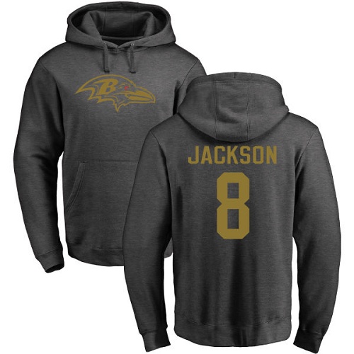 Men Baltimore Ravens Ash Lamar Jackson One Color NFL Football #8 Pullover Hoodie Sweatshirt->baltimore ravens->NFL Jersey